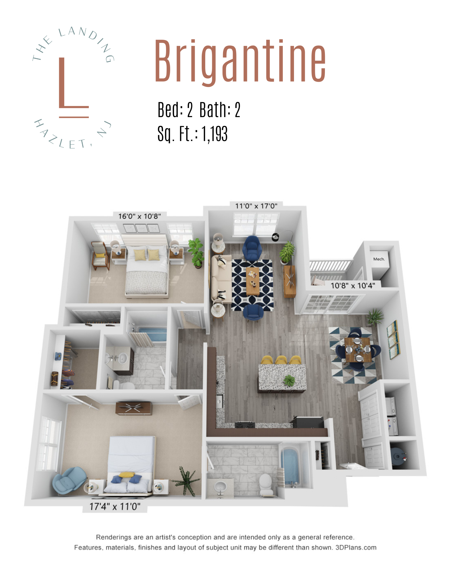 Floor plan for 2 beds, 2 baths, 1193 sqft